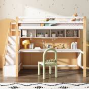 Lit mezzanine enfant 90x200 cm - avec escalier de rangement, grand bureau, étagère de rangement, sommier à lattes en pin, style bicolore - Naturel