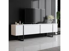 Meuble tv design 2 portes basculantes sibylle l180xh50cm métal noir et bois blanc