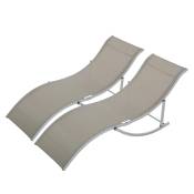 Outsunny Lot de 2 bains de soleil pliable transat 2 places chaise longue double revêtement textilène structure alu. 165 x 61 x 63 cm gris clair