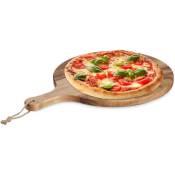 Planche à pizza, plateau rond en bois d'acacia, diamètre de 35,5 cm, avec poignée, nature - Relaxdays
