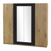 Armoire 4 portes avec miroirs couleur chêne et noir - irina - Marron - Bois