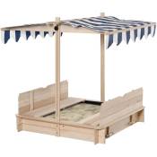 Bac à sable carré en bois pour enfant dim. 106L x 106l cm avec bancs et couvercle - auvent réglable - Bleu