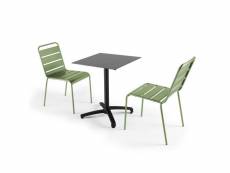 Ensemble table de jardin stratifié gris foncé et 2 chaises vert cactus