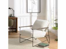 Gaston - fauteuil tissu écru 1 coussin structure métallique noire, accoudoirs en bois