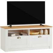 Idimex - Meuble tv bolton 2 tiroirs de rangement, meuble télé design campagne en pin massif blanc et brun - Blanc/Brun