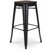 Kosmi - Tabouret de bar en métal noir mat style industriel et assise en bois foncé - Hauteur 76 cm - Noir
