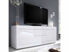 Meuble tv moderne 2 portes en bois blanc laqué brillant - milan - l 210 x l 43 x h 66 cm