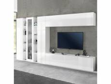 Mur de salon équipé meuble tv blanc brillant 2 colonnes