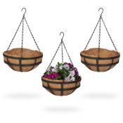 Relaxdays Suspension pour plantes avec panier en fibres de coco, lot de 3, HD 50x31 cm, intérieur/extérieur, noir/marron
