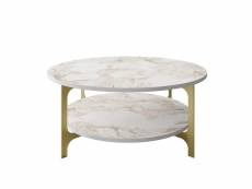 Table basse ovale elliptica 2 tablettes bois marbre blanc et métal or