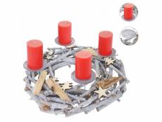 Couronne de l'avent ronde, décoration de noël, bois, ø 40cm, gris - avec des bougies, rouge