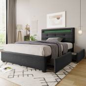 Lit simple, tête de lit avec lumière led et deux tiroirs, matelas inclus, 90x200 cm, gris