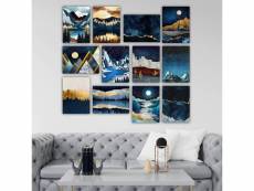 Lot de 12 tableaux aranea l20xh15cm motif abstrait, lune et montagnes bleu foncé et or
