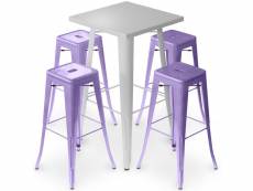 Pack tabouret table & 4 tabourets de bar design industriel - métal - nouvelle edition - bistrot stylix violet pastel