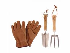 Set de 3 outils de petit jardinage - pelle rateau et gants en cuir - inox frêne et cuir 421287