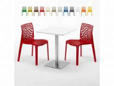 Table carrée 60x60 plateau blanc avec 2 chaises colorées