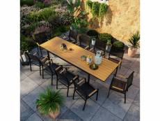 Table de jardin extensible aluminium noir 200-300cm + 10 fauteuils empilables textilène - marceau