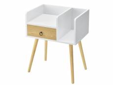 Table de nuit chevet avec tiroir stockage commode bis pieds en pin 64 cm blanc beige helloshop26 03_0004229