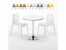 Table ronde blanche 70x70cm avec 2 chaises colorées