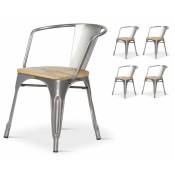 Kosmi - Lot de 4 chaises en métal brut Style Industriel Factory en métal brut et assise en bois naturel clair, Fauteuils industriels avec accoudoirs