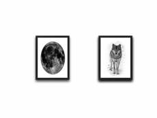 Lot de 2 tableaux duo l30xh40cm motif pleine lune et un loup nuances de gris