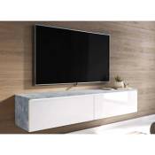 Meuble tv contemporain béton et laqué blanc avec led 2 portes malorie - 180 cm - beige blanc