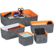 Paniers de rangement en feutre, lot de 5, organiseur de tiroir pour bureau, 3 tailles, corbeilles, gris/orange - Relaxdays