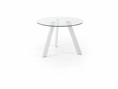 Table à manger ronde en verre et pieds en acier finition blanche - diamètre 110 x hauteur 75 cm