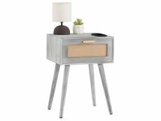 Table de chevet kiran 1 tiroir, table de nuit design vintage en bois gris et lin