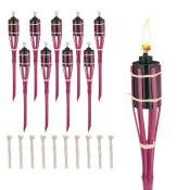 Torche de jardin en bambou, lot 10, décoration pour fête, avec mèches supplémentaires, 50x6 cm, rose - Relaxdays