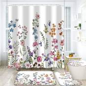 Xinuy - Lot de 4 rideaux de douche à fleurs avec tapis antidérapants, couvercle de couvercle de toilette et tapis de bain