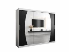 Armoire de chambre globe blanc/noir 250 avec 3 portes coulissantes et miroir penderie (tringle) avec étagères sans tiroirs