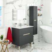 Caesaroo - Meuble de salle de bain 80 cm Gris Anthracite et Chêne clair avec miroir et lavabo en céramique Avec lampe Led - Chêne et gris anthracite