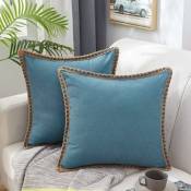 Lot de 2 housses de coussin carrées décoratives en toile de jute et lin - Décoration d'intérieur pour canapé, lit, chaise - 45 x 45 cm (gris bleu)