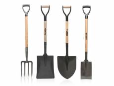 Pack 4 outils de jardin vito acier haute qualité manche en bois poignée ergonomique fourche + pelle carrée + pelle ronde + bêche