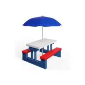 Table, bancs et parasol pour enfants Bleu, blanc et