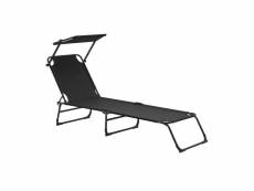 Bain de soleil transat chaise longue pliable avec pare-soleil acier pvc polyester 187 cm noir helloshop26 03_0000990