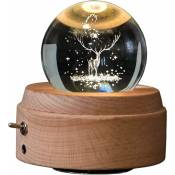 Boîte à musique boule de cristal 3D, boîte à musique rotative lumineuse en forme de cerf avec lumière Led de Projection