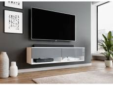 FURNIX meuble tv/ meuble tv suspendu Alyx 140 x 32 x 34 cm style industriel blanc mat/ gris brillant avec LED