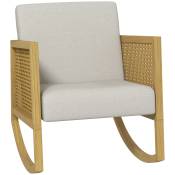 HOMCOM Fauteuil à bascule rocking chair design tissu effet lin accoudoirs cannage style bohème structure en d'hévéa gris clair