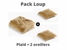 Pack loup plaid+2 coussins - fausse fourrure ( fauve-beige)