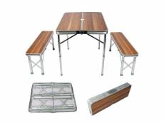 Table pliante valise aluminium 2 bancs table de camping finition 90 cm en bois fête barbecue helloshop26 16_0002497