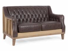 Canapé simili cuir marron et pieds en bois 2 places