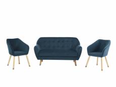 Ensemble hilda en velours bleu avec piètement bois et doré 1 canapé et 2 fauteuils
