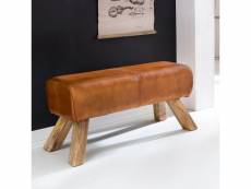 Finebuy bois massif cuir banc 90 x 43 x 30 cm style rétro | rembourré banc | banc en cuir salle à manger brun | petit banquette de lit cuir véritable