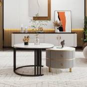 LBF - Lot de 2 Table basse ronde gigogne, plateau brillant, plateau motif marbre, 2 tiroirs, cadre noir, table de salon, 70x70x46 / 50x50x40 cm