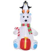 Outsunny 7ft Christmas Inflatable Polar Bear with Penguin on Head with Candy Cane and Gift Box, Blow-Up Outdoor LED Yard Display for Lawn Garden Party