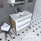 Aurlane - Ensemble Meuble de salle de bain blanc 80cm + vasque en résine blanche 80x50 + tiroirs blanc mat