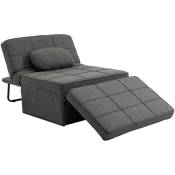 Fauteuil chauffeuse chaise longue pouf 3 en 1 dossier inclinable 5 niveaux repose-pied rabattable châssis métal noir lin gris