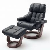 Fauteuil relax CLAIRAC XL assise en cuir noir pied en bois couleur noyer avec repose pied - noir